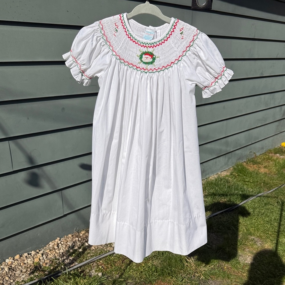 Elegant White Smocked Kids Dress with Embroidery
